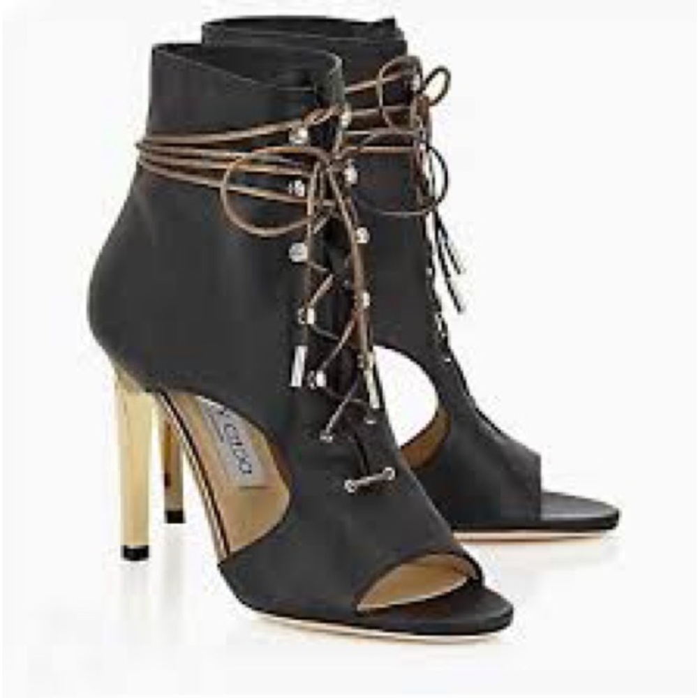 Jimmy Choo black leather lace up open toe bootie heel